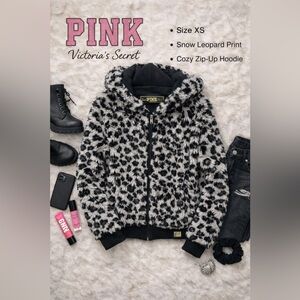 VS PINK Snow Leopard Fuzzy Zip Hoodie XS Faux Fur Y2K Cozy Jacket